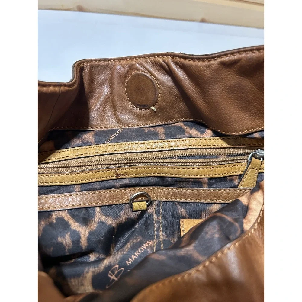 B. Makowsky Brown/Tan Leather Hobo Drawstring Shoulder Bag EUC